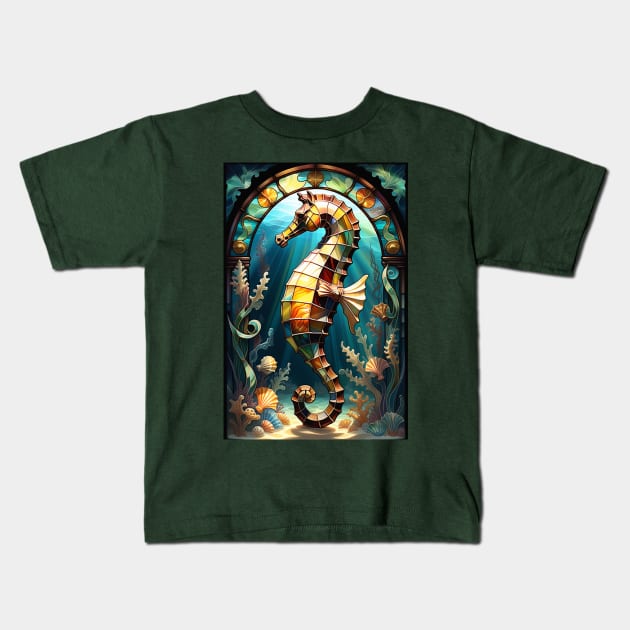 Stained Glass Sea Horse Kids T-Shirt by BrightC